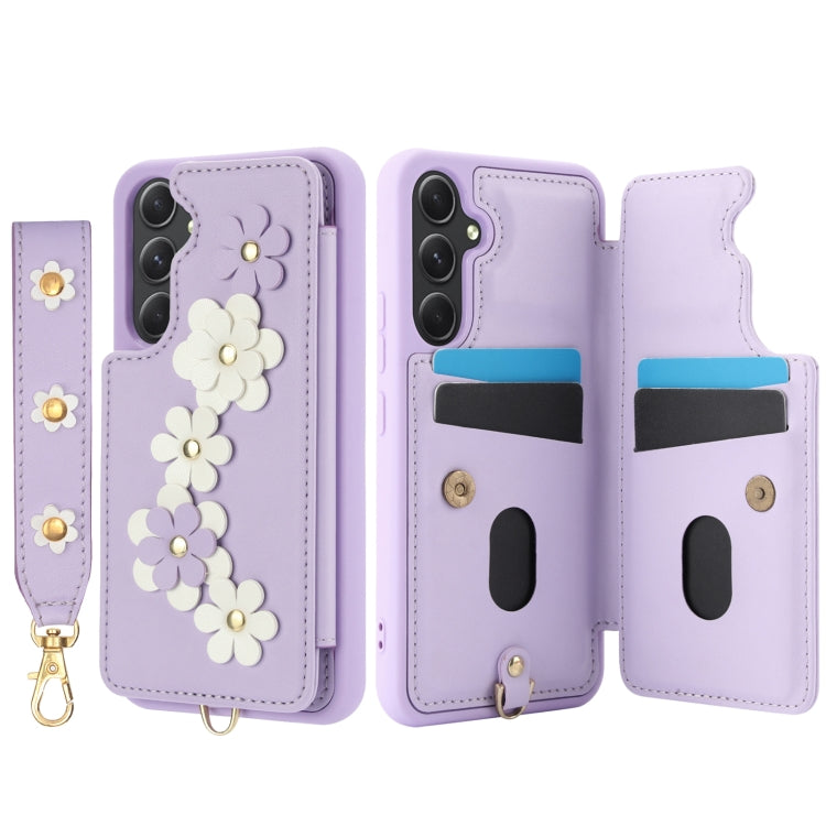 For Samsung Galaxy A15 Crossbody Flower Pattern Leather Phone Case