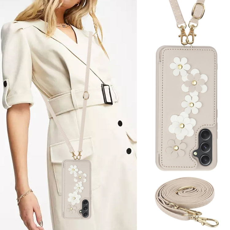 For Samsung Galaxy A55 Crossbody Flower Pattern Leather Phone Case