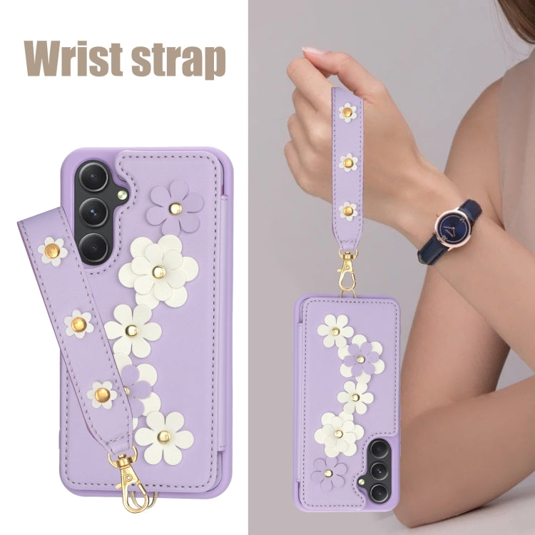 For Samsung Galaxy A55 Crossbody Flower Pattern Leather Phone Case