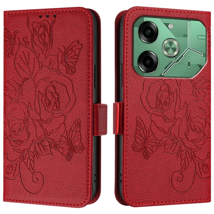 For Tecno Pova 6 4G Embossed Rose RFID Anti-theft Leather Phone Case