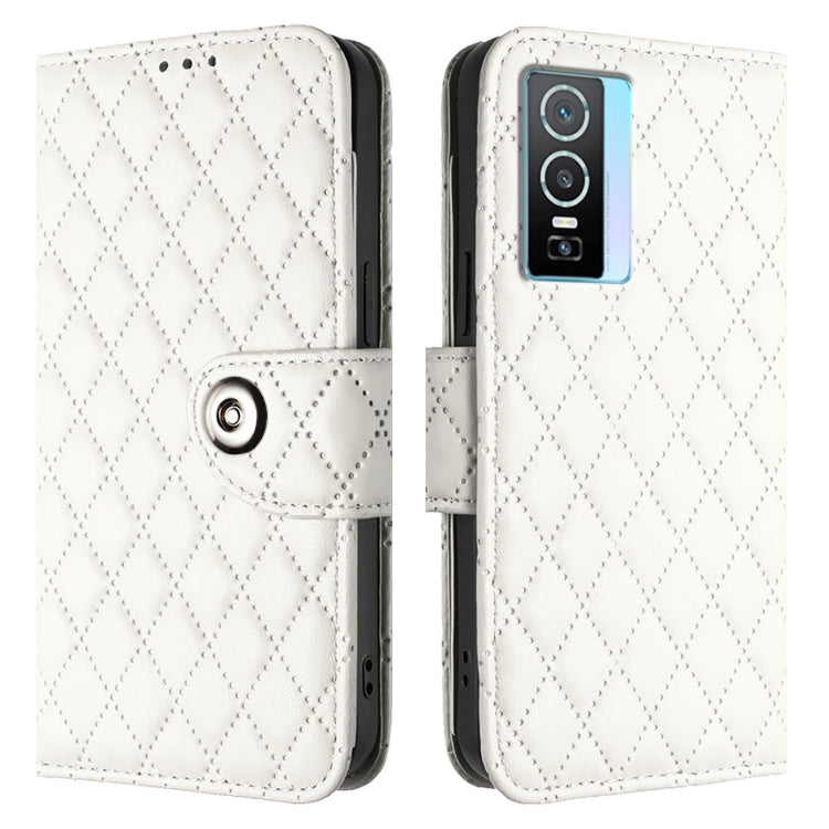 For vivo Y76 5G Rhombic Texture Flip Leather Phone Case with Lanyard