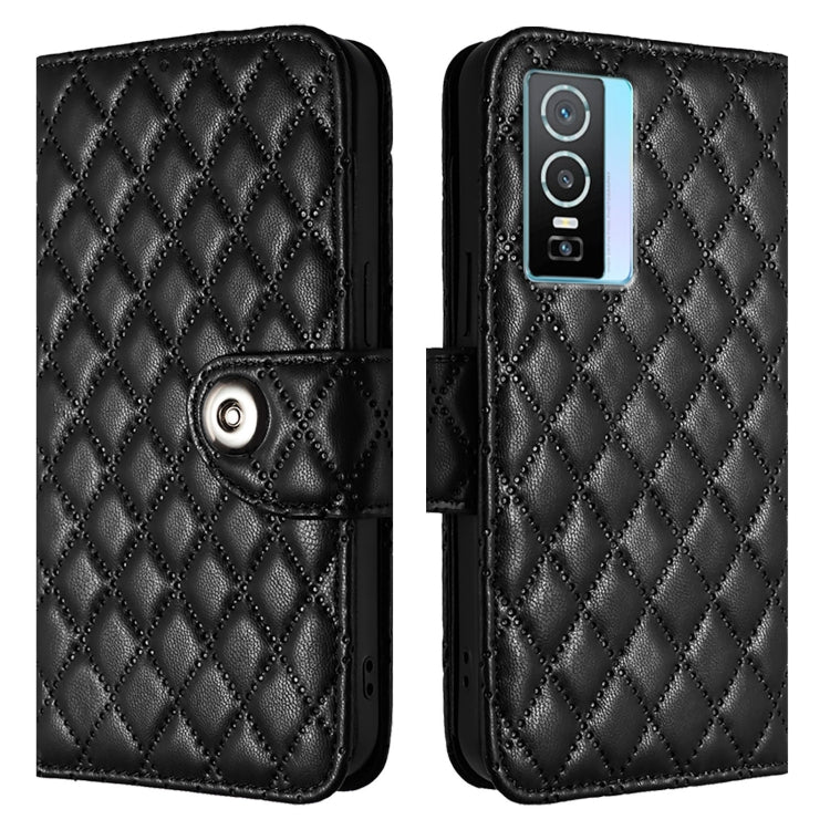 For vivo Y76 5G Rhombic Texture Flip Leather Phone Case with Lanyard