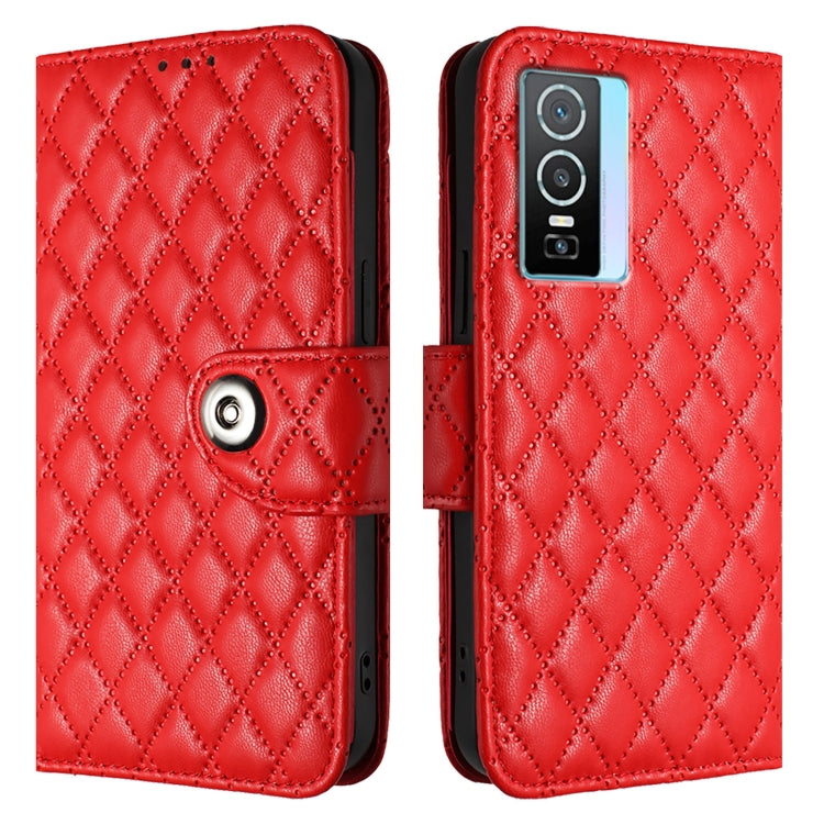 For vivo Y76 5G Rhombic Texture Flip Leather Phone Case with Lanyard