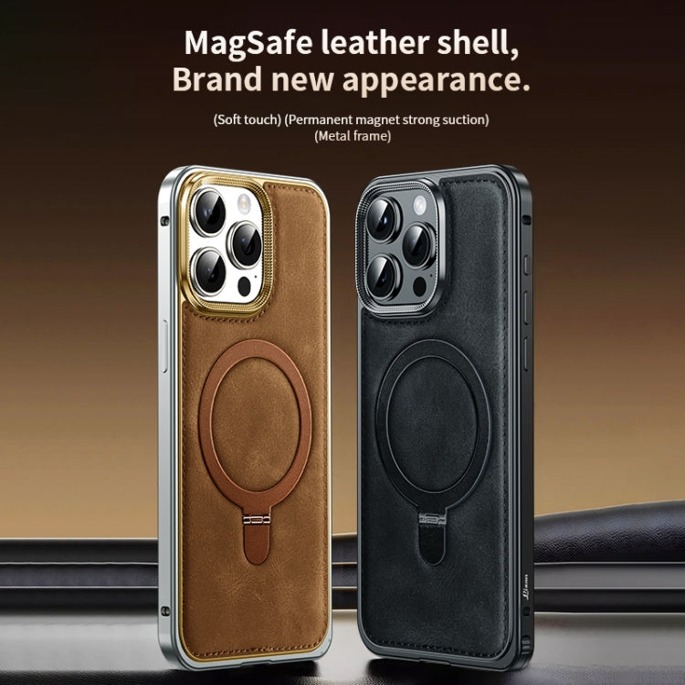 For iPhone 15 Pro Metal Frame Oil Wax Leather MagSafe Phone Case with Spring Buckle Stand