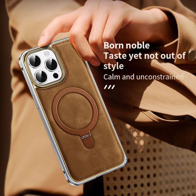 For iPhone 15 Metal Frame Oil Wax Leather MagSafe Phone Case with Spring Buckle Stand