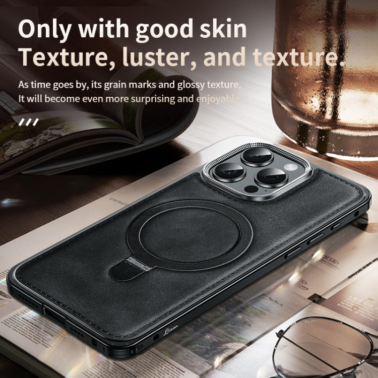 For iPhone 14 Metal Frame Oil Wax Leather MagSafe Phone Case with Spring Buckle Stand