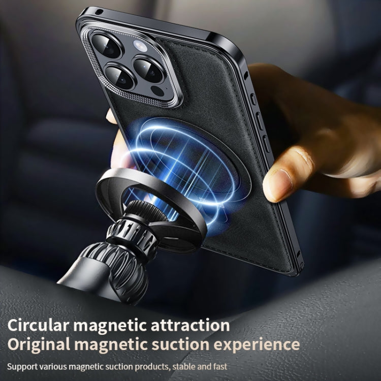 For iPhone 14 Pro Metal Frame Oil Wax Leather MagSafe Phone Case with Spring Buckle Stand
