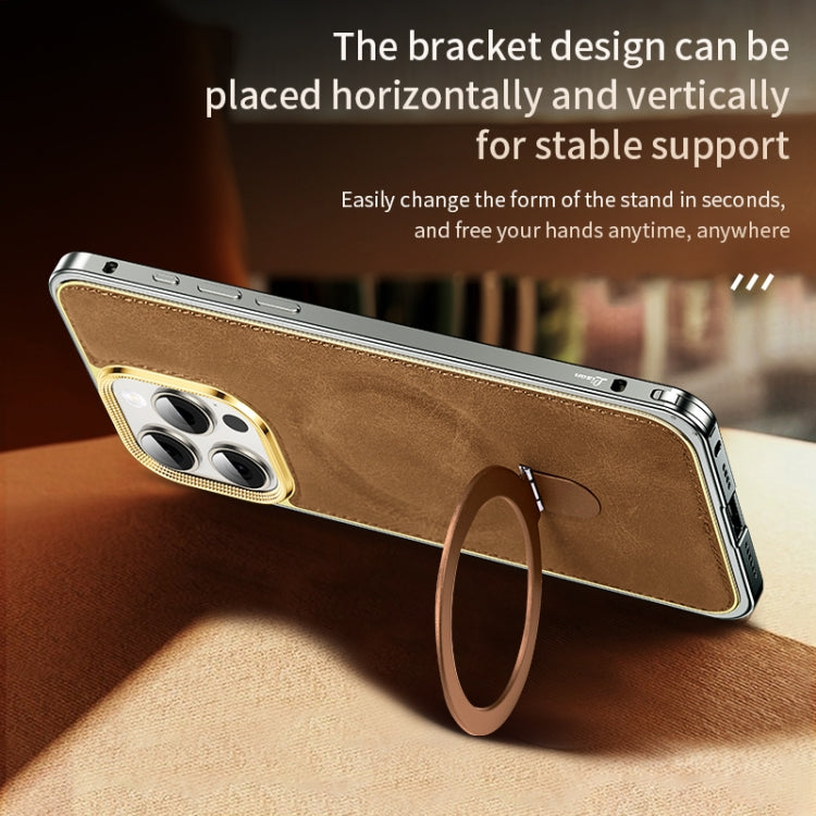 For iPhone 14 Pro Metal Frame Oil Wax Leather MagSafe Phone Case with Spring Buckle Stand