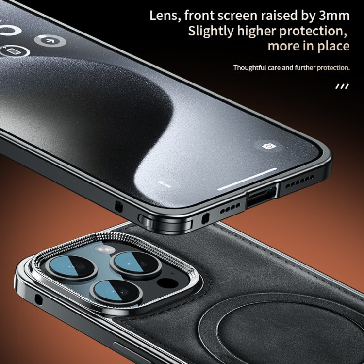 For iPhone 14 Pro Max Metal Frame Oil Wax Leather MagSafe Phone Case with Spring Buckle Stand