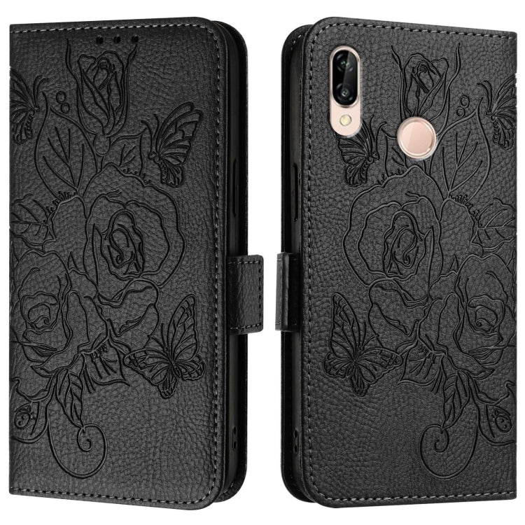 For Huawei P20 Lite / nova 3e Embossed Rose RFID Anti-theft Leather Phone Case