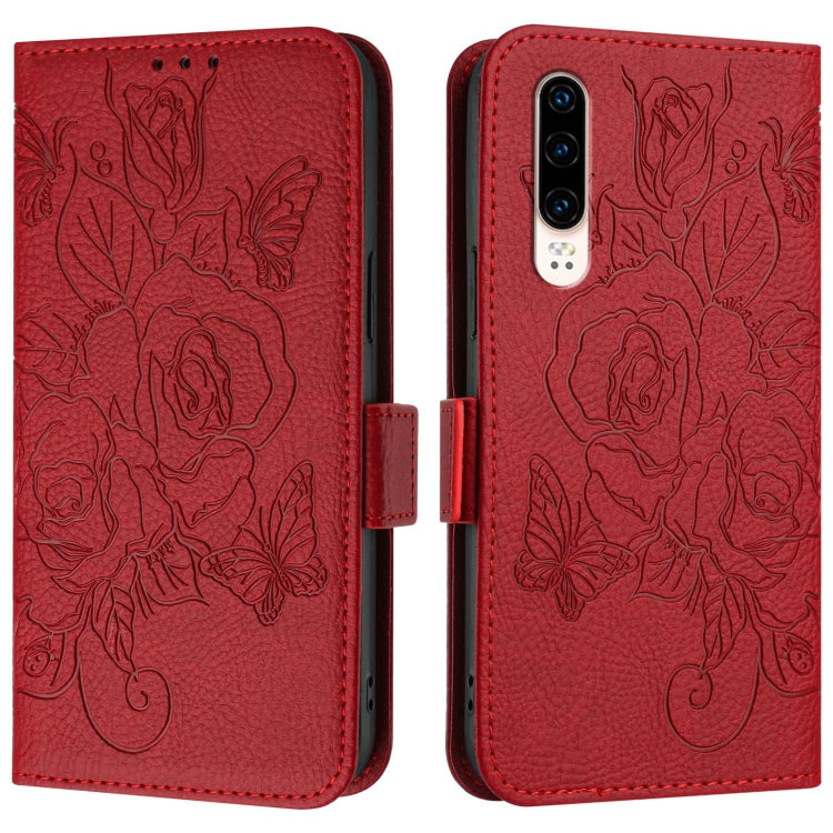 For Huawei P30 Embossed Rose RFID Anti-theft Leather Phone Case