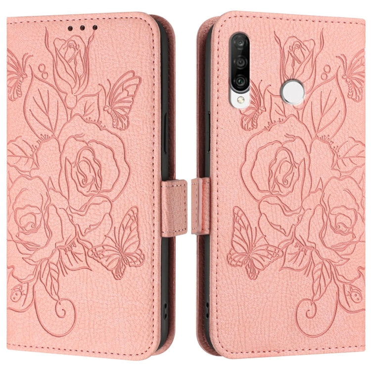 For Huawei P30 Lite / nova 4e Embossed Rose RFID Anti-theft Leather Phone Case