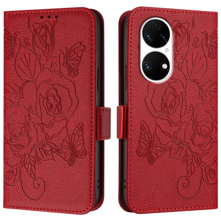 For Huawei P50 Embossed Rose RFID Anti-theft Leather Phone Case