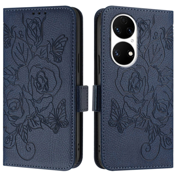 For Huawei P50 Embossed Rose RFID Anti-theft Leather Phone Case