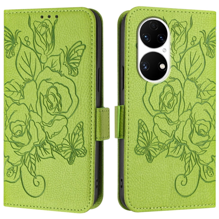 For Huawei P50 Pro Embossed Rose RFID Anti-theft Leather Phone Case