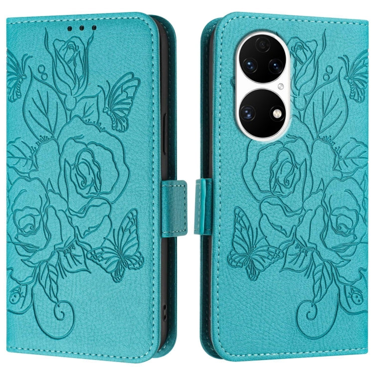 For Huawei P50 Pro Embossed Rose RFID Anti-theft Leather Phone Case