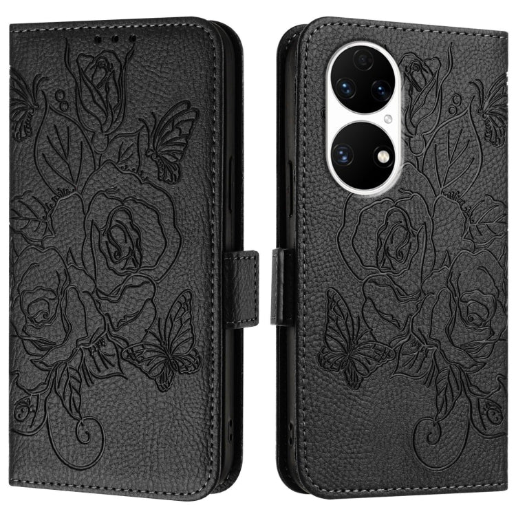 For Huawei P50 Pro Embossed Rose RFID Anti-theft Leather Phone Case