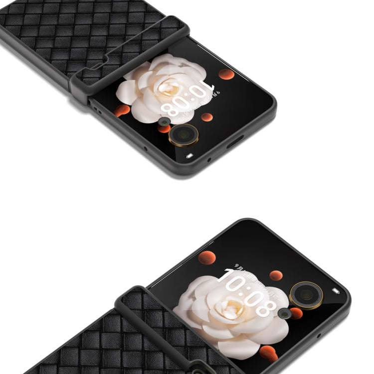 For Honor Magic V Flip Three Parts Black Frame Woven Texture PU Phone Case