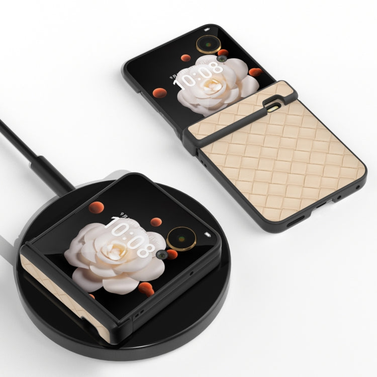 For Honor Magic V Flip Three Parts Black Frame Woven Texture PU Phone Case