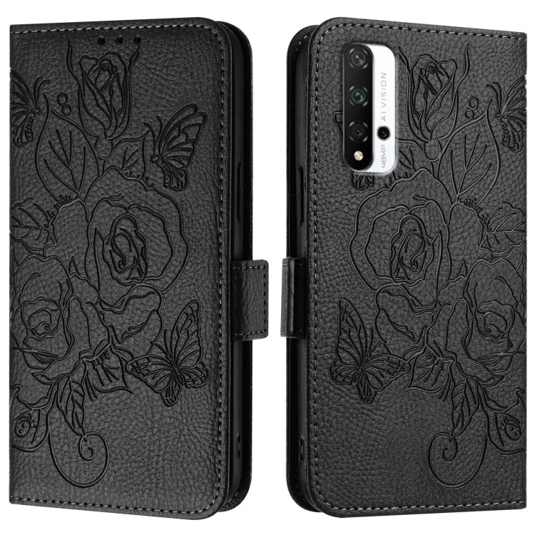 For Honor 20 4G / 20 Pro 4G / 20S 4G Embossed Rose RFID Anti-theft Leather Phone Case