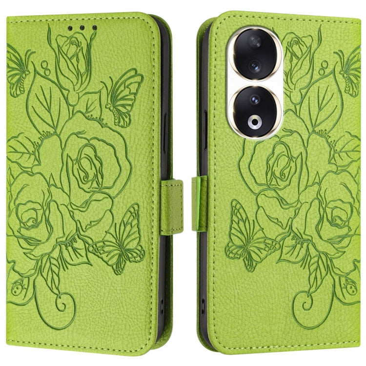 For Honor 90 5G Embossed Rose RFID Anti-theft Leather Phone Case
