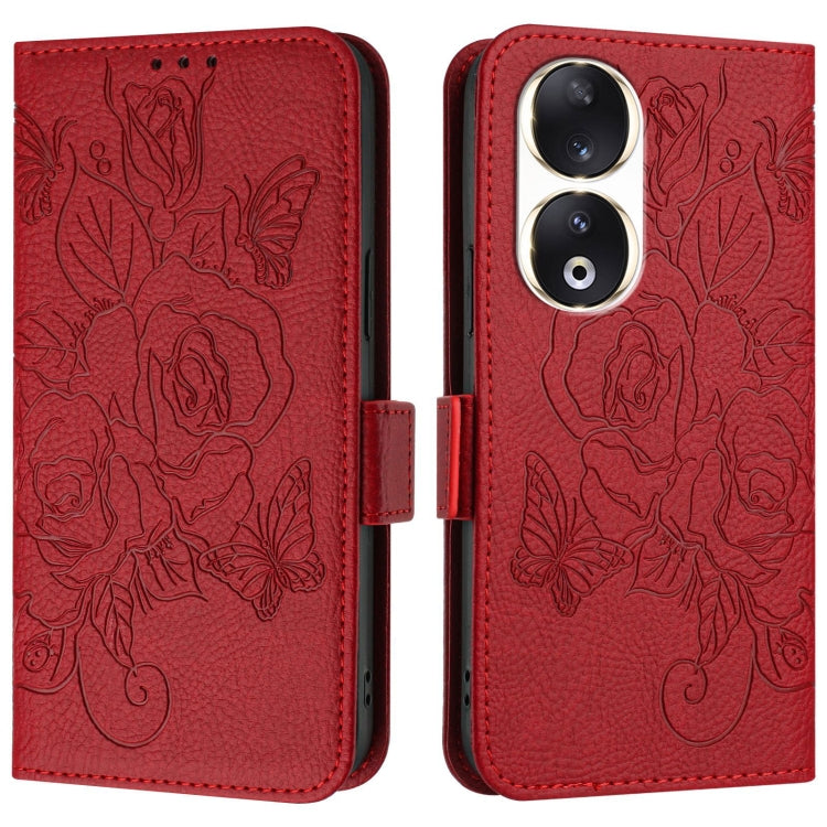 For Honor 90 5G Embossed Rose RFID Anti-theft Leather Phone Case