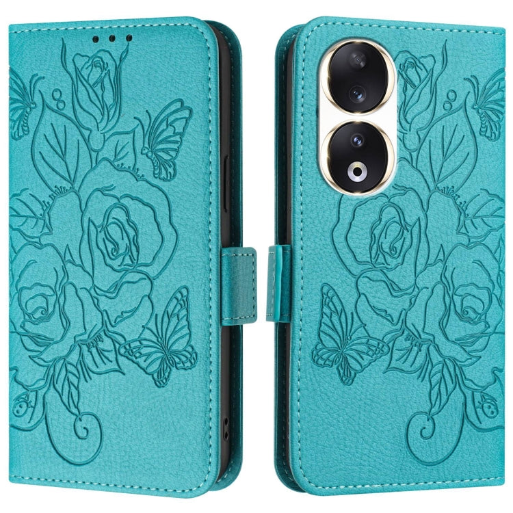 For Honor 90 5G Embossed Rose RFID Anti-theft Leather Phone Case