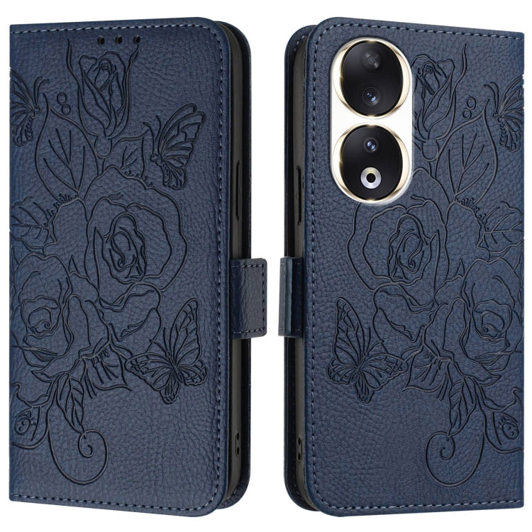 For Honor 90 5G Embossed Rose RFID Anti-theft Leather Phone Case