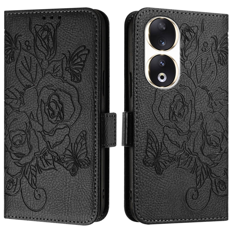 For Honor 90 5G Embossed Rose RFID Anti-theft Leather Phone Case