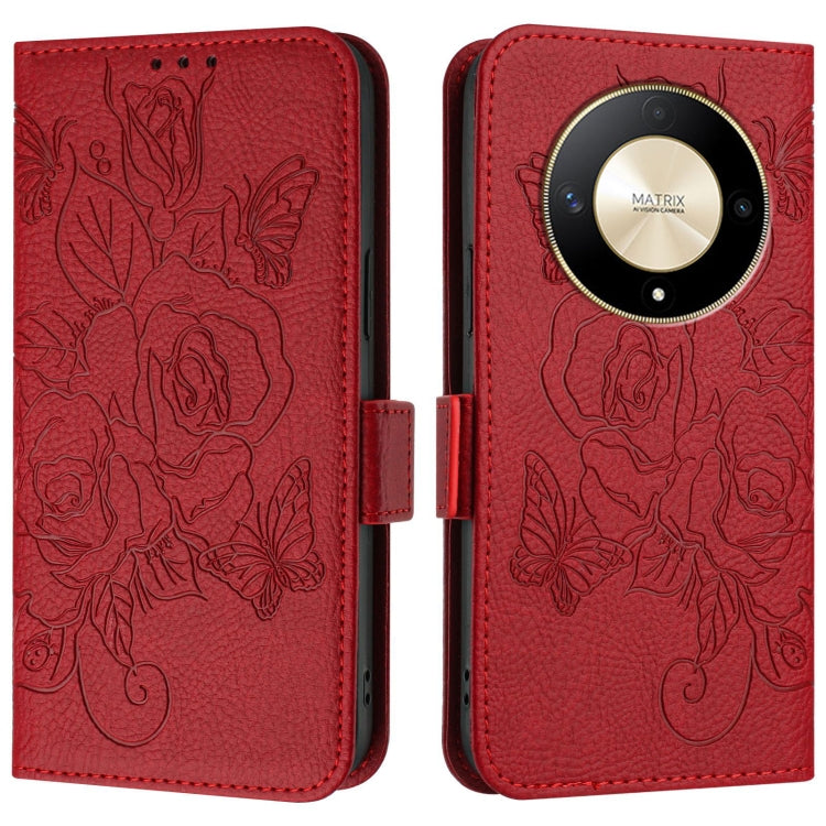 For Honor X9b 5G / Magic6 Lite 5G Embossed Rose RFID Anti-theft Leather Phone Case