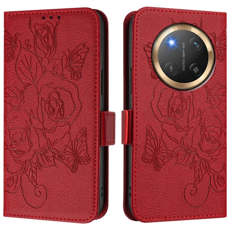 For Honor X9c 5G Embossed Rose RFID Anti-theft Leather Phone Case