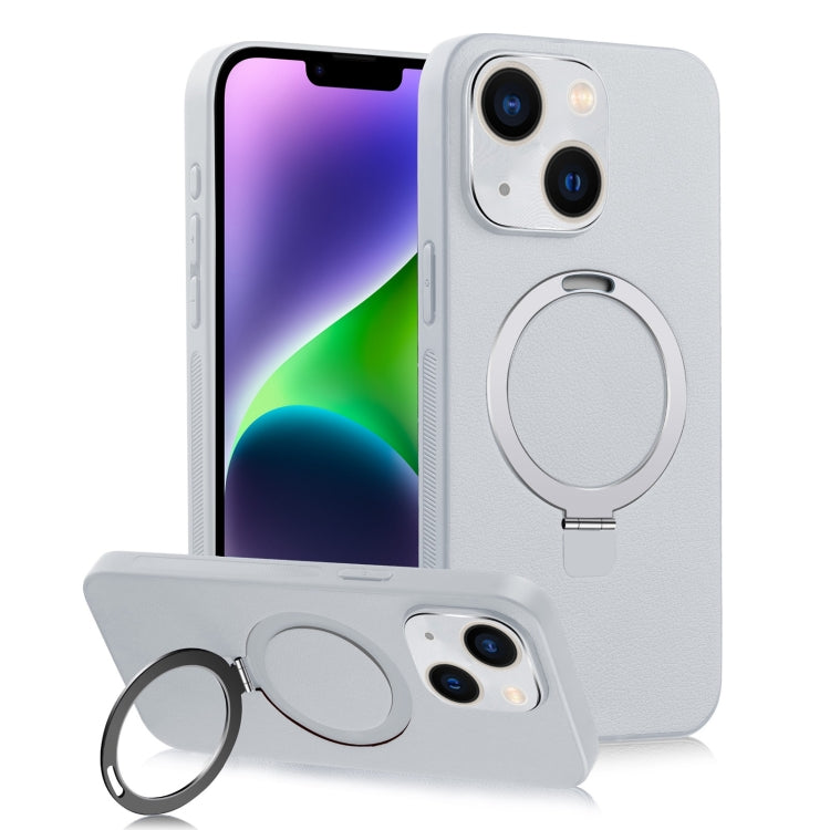 For iPhone 14 Plus MagSafe Rotation Holder PC + Leather Phone Case