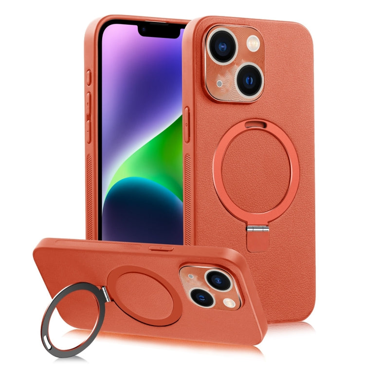 For iPhone 14 Plus MagSafe Rotation Holder PC + Leather Phone Case