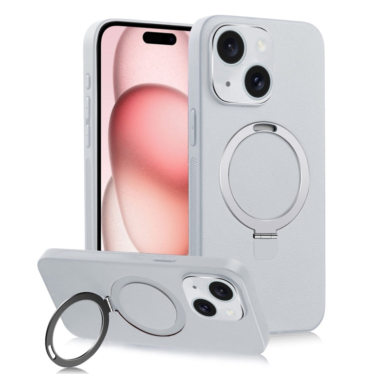 For iPhone 15 Plus MagSafe Rotation Holder PC + Leather Phone Case