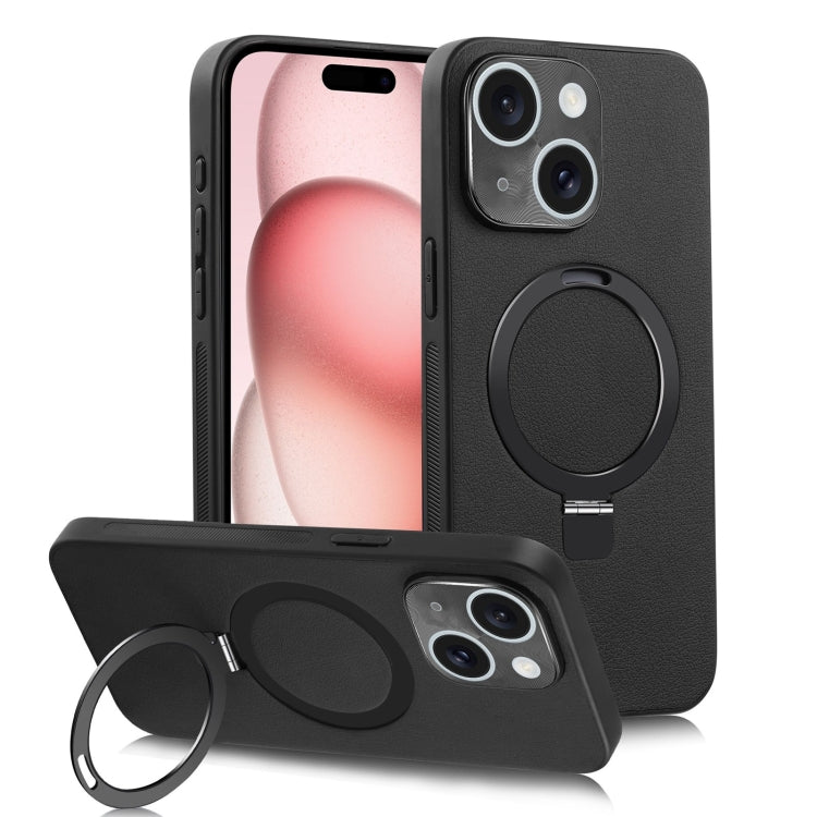 For iPhone 15 Plus MagSafe Rotation Holder PC + Leather Phone Case