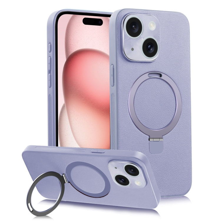 For iPhone 15 Plus MagSafe Rotation Holder PC + Leather Phone Case