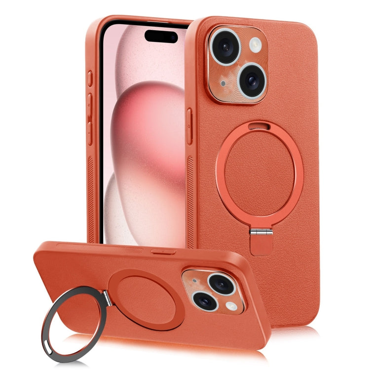 For iPhone 15 MagSafe Rotation Holder PC + Leather Phone Case