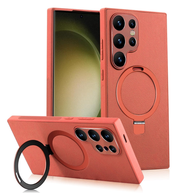 For Samsung Galaxy S23 Ultra 5G MagSafe Rotation Holder PC + Leather Phone Case