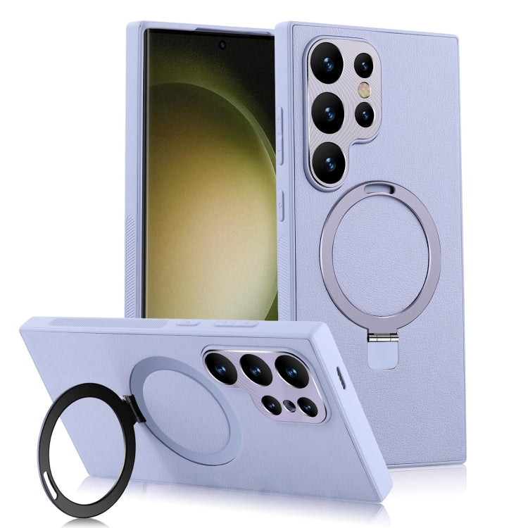 For Samsung Galaxy S23 Ultra 5G MagSafe Rotation Holder PC + Leather Phone Case