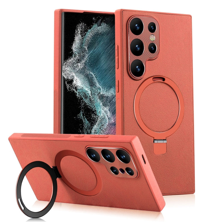 For Samsung Galaxy S22 Ultra 5G MagSafe Rotation Holder PC + Leather Phone Case