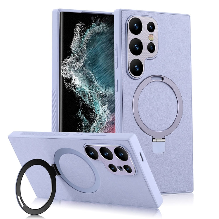 For Samsung Galaxy S22 Ultra 5G MagSafe Rotation Holder PC + Leather Phone Case