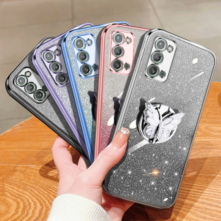 For Samsung Galaxy Note20 Plated Gradient Glitter Butterfly Holder TPU Phone Case