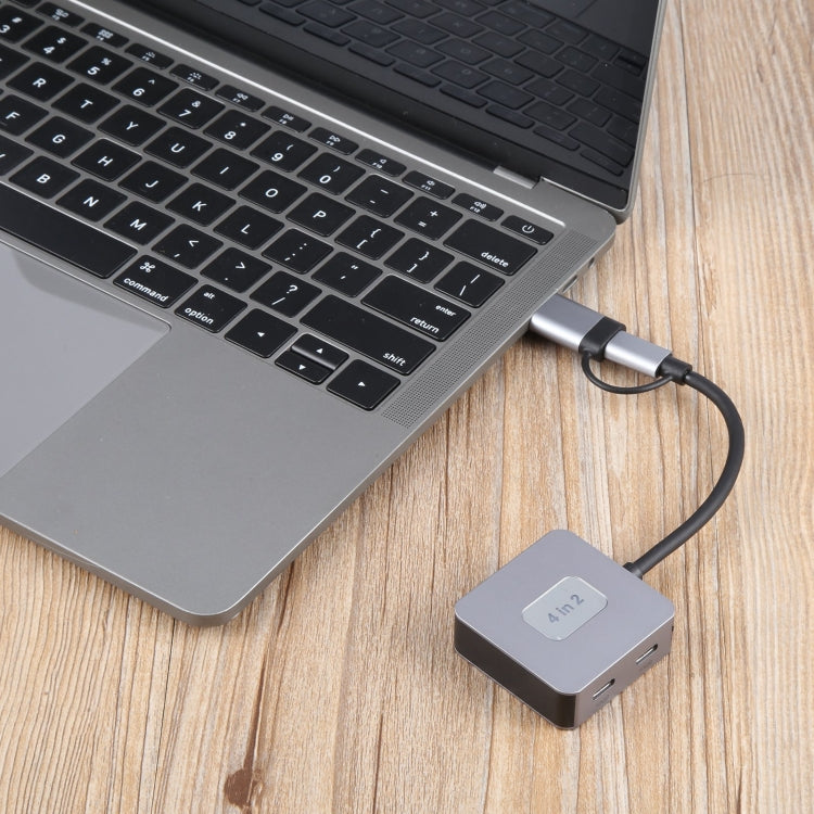BYL-2320A 4 in 2 USB + USB-C / Type-C to USB + USB-C / Type-C 4 Port HUB Adapter - Grey
