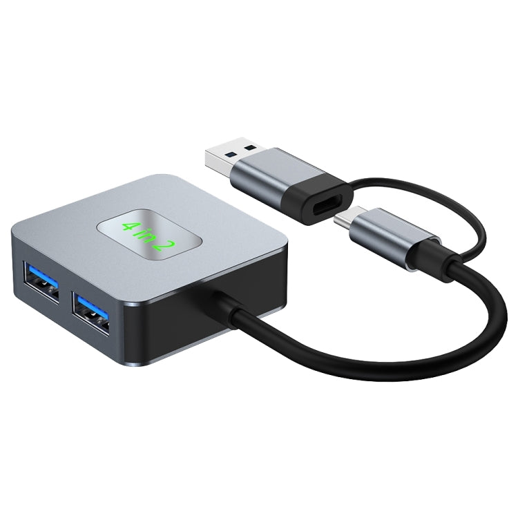 BYL-2320 4 in 2 USB + USB-C / Type-C to USB 3.2 4 Port HUB Adapter - Grey