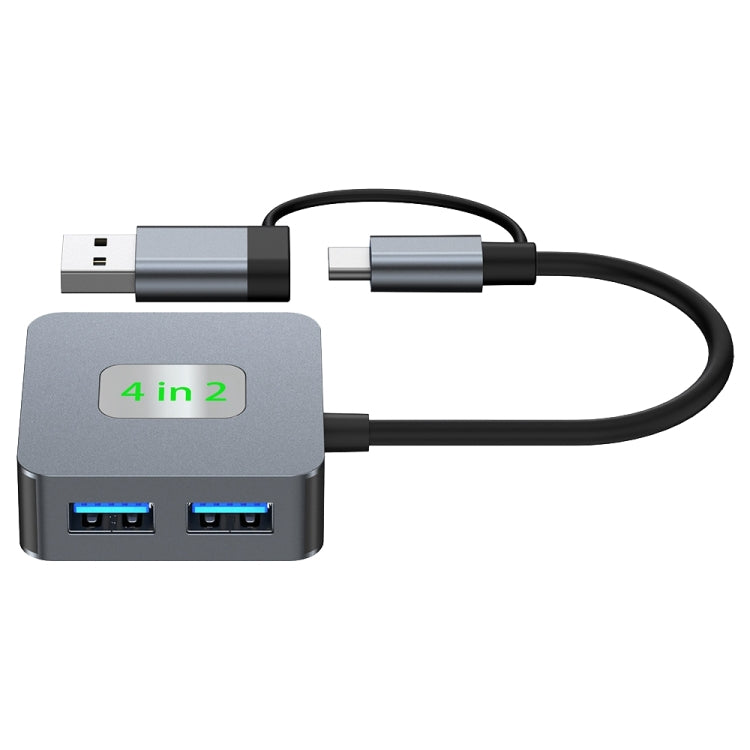 BYL-2320 4 in 2 USB + USB-C / Type-C to USB 3.2 4 Port HUB Adapter - Grey