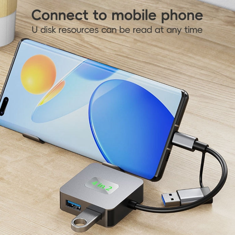 BYL-2320 4 in 2 USB + USB-C / Type-C to USB 3.2 4 Port HUB Adapter - Grey