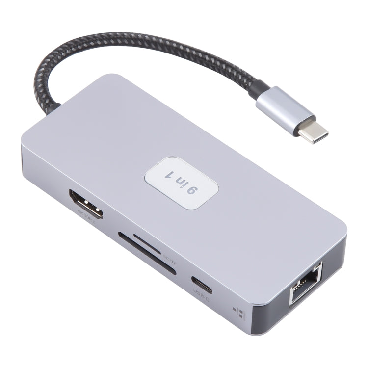 BYL-2318 9 in 1 USB-C / Type-C to USB3.0+Type-C+1000M Ethernet+HDTV+SD / TF Dual Card Slot Docking Station - Grey