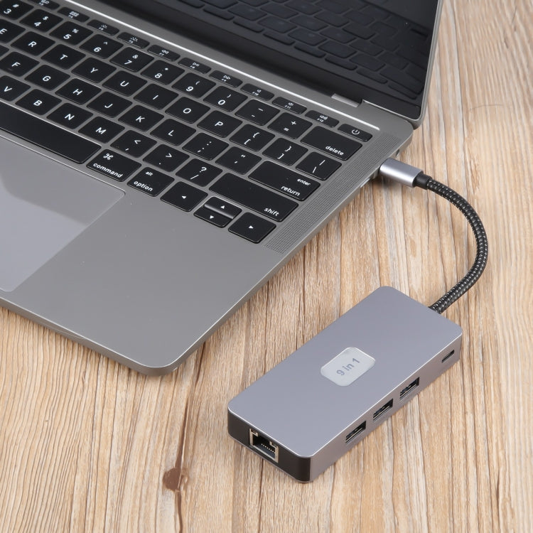 BYL-2318 9 in 1 USB-C / Type-C to USB3.0+Type-C+1000M Ethernet+HDTV+SD / TF Dual Card Slot Docking Station - Grey