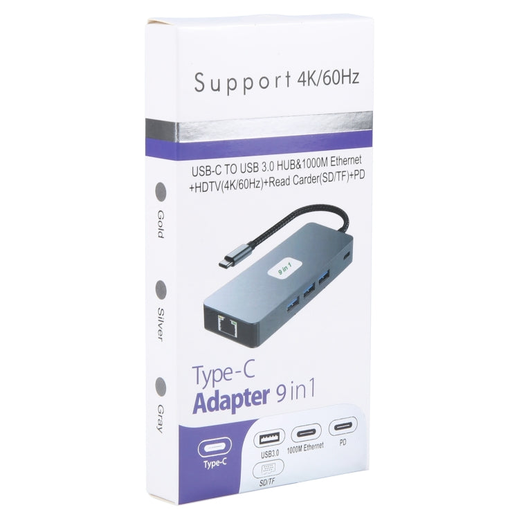 BYL-2318 9 in 1 USB-C / Type-C to USB3.0+Type-C+1000M Ethernet+HDTV+SD / TF Dual Card Slot Docking Station - Grey