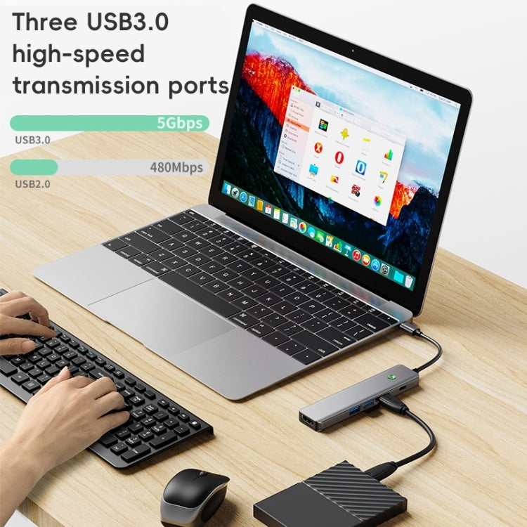 BYL-2319 5 in 1 USB-C / Type-C to USB3.0+USB-C / Type-C+HDTV Multi-function Docking Station - Grey